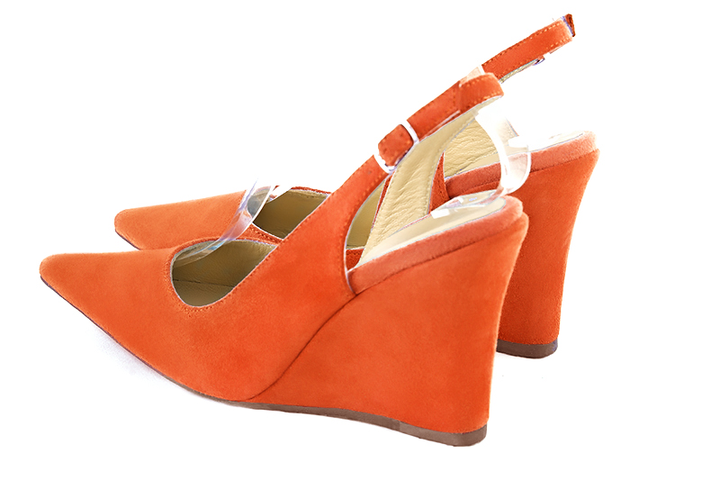Clementine orange women's slingback shoes. Pointed toe. Very high wedge heels. Rear view - Florence KOOIJMAN